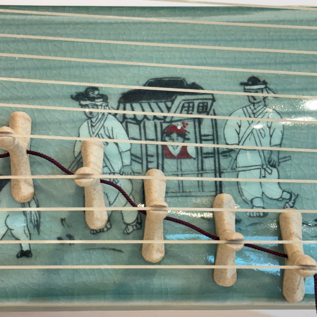 Celadon Sanjo Gayageum Sculpture: Inlaid Wedding Procession Motif