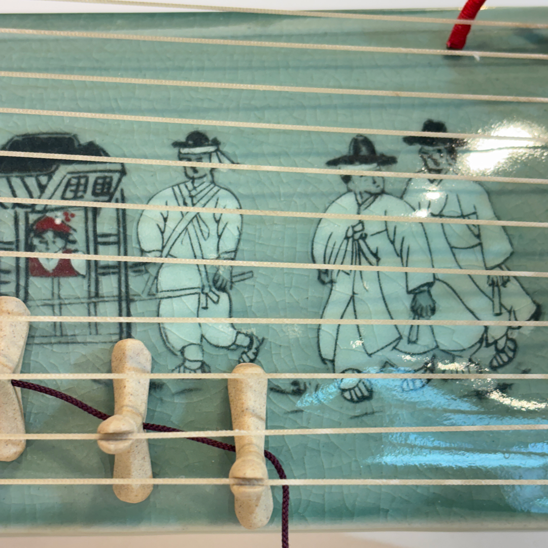 Celadon Sanjo Gayageum Sculpture: Inlaid Wedding Procession Motif
