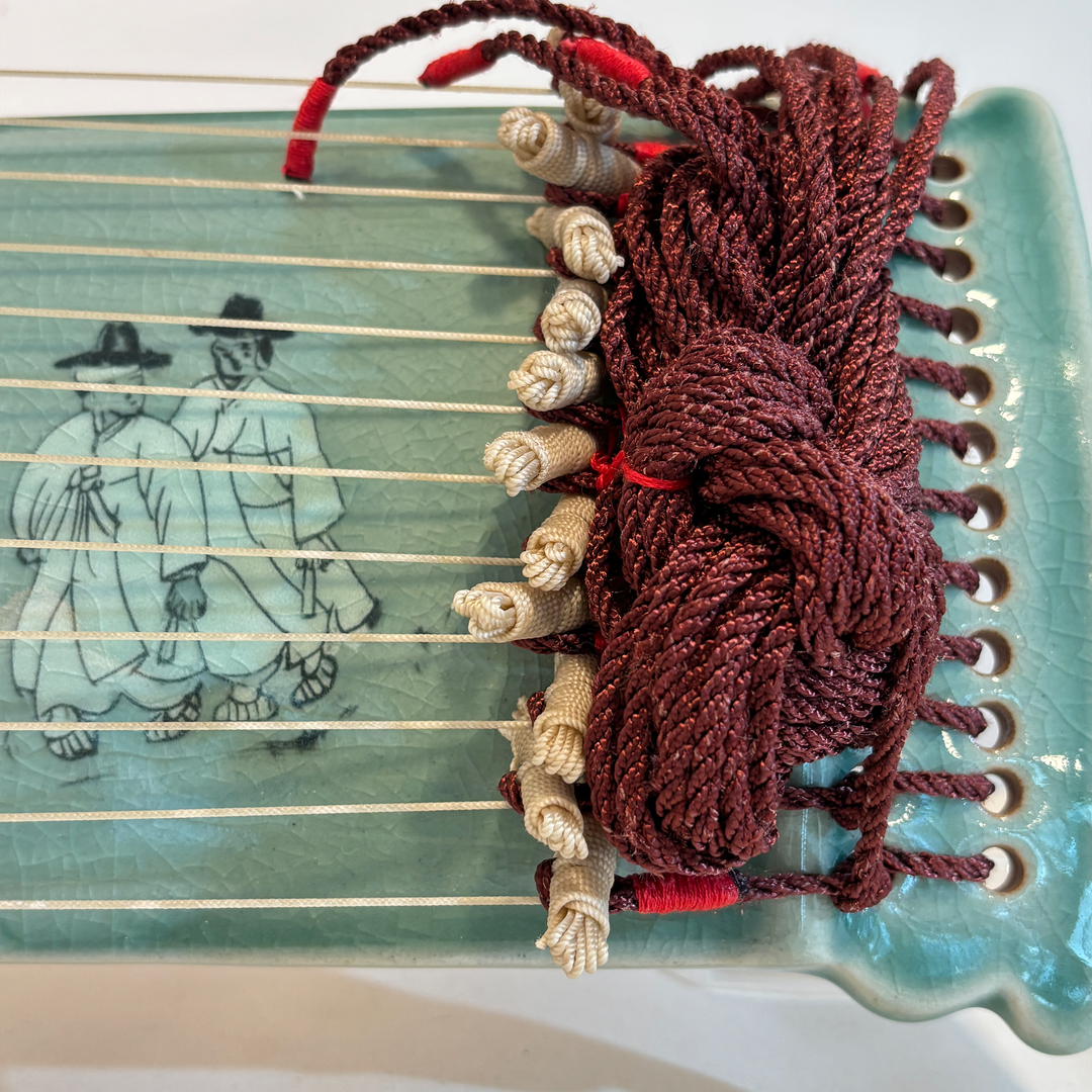 Celadon Sanjo Gayageum Sculpture: Inlaid Wedding Procession Motif