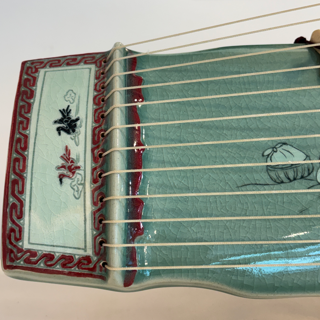 Celadon Sanjo Gayageum Sculpture: Inlaid Wedding Procession Motif