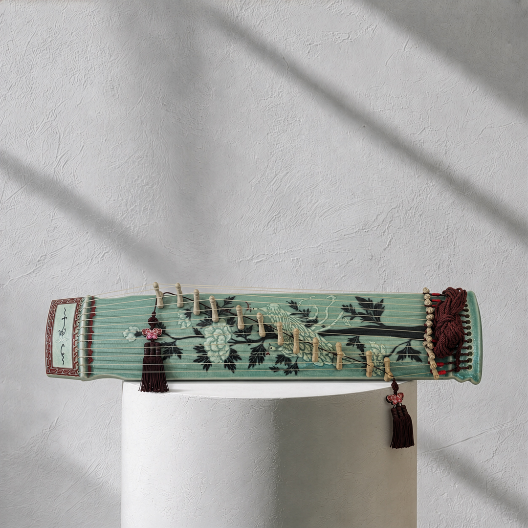 Celadon Sanjo Gayageum: Inlaid Peony and Phoenix Motif