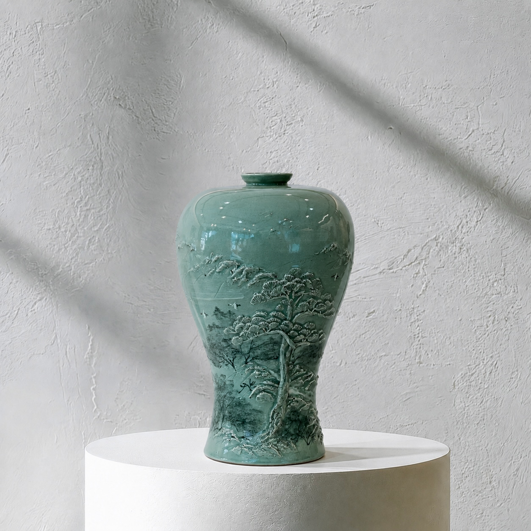 Celadon Maebyeong Vase: Applied Relief Pine-and-Crane Motif, 2024