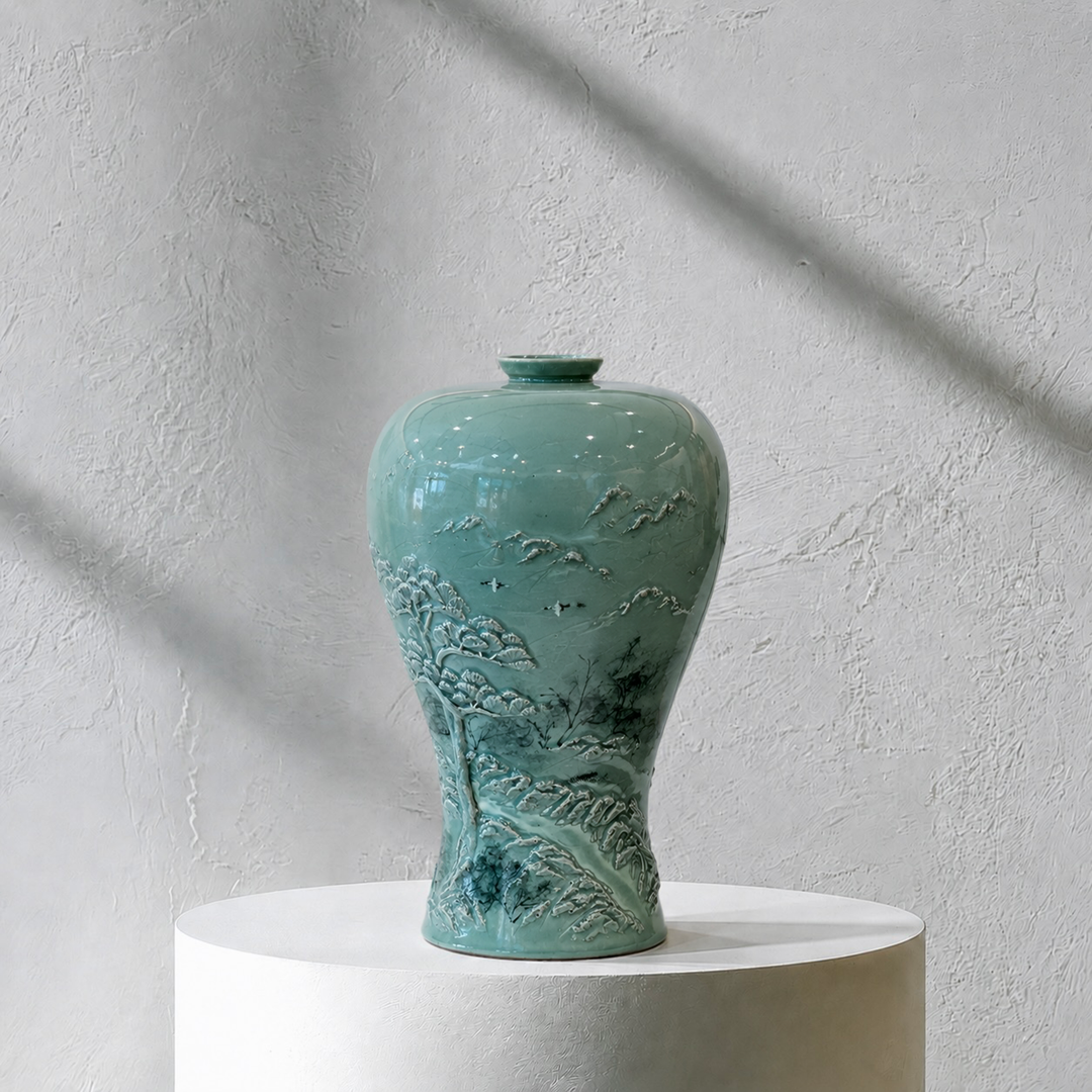 Celadon Maebyeong Vase: Applied Relief Pine-and-Crane Motif, 2024