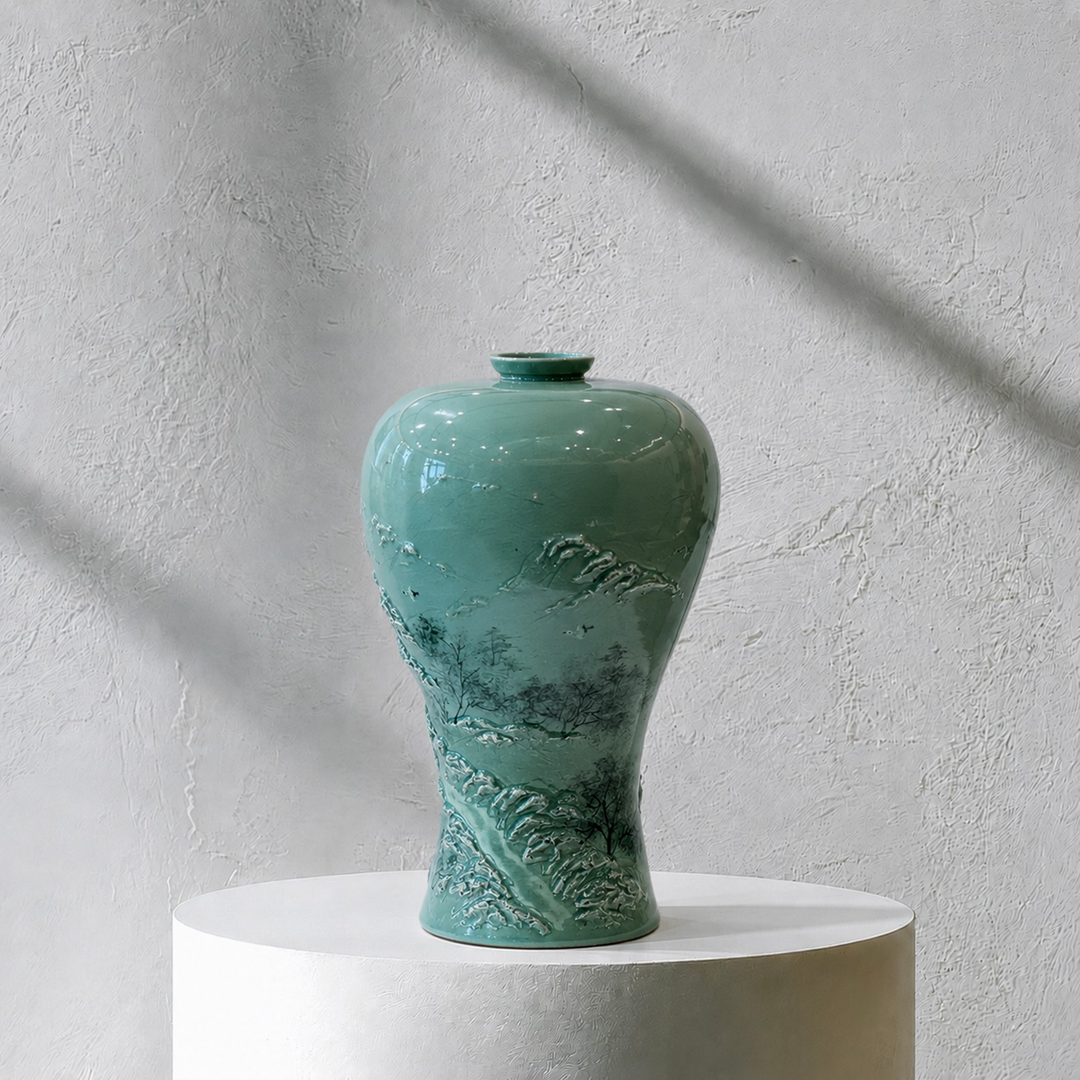 Celadon Maebyeong Vase: Applied Relief Pine-and-Crane Motif, 2024