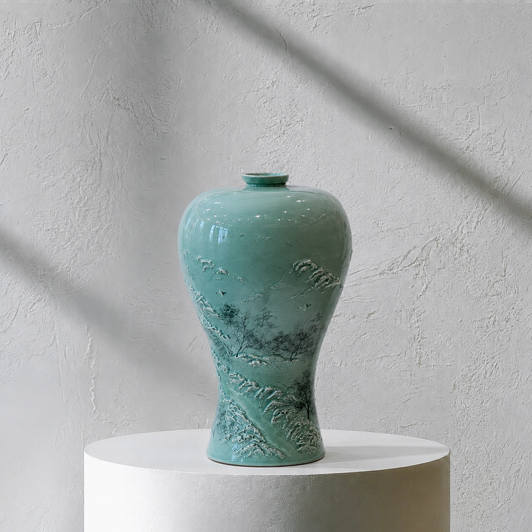 Celadon Maebyeong Vase: Applied Relief Pine-and-Crane Motif, 2024