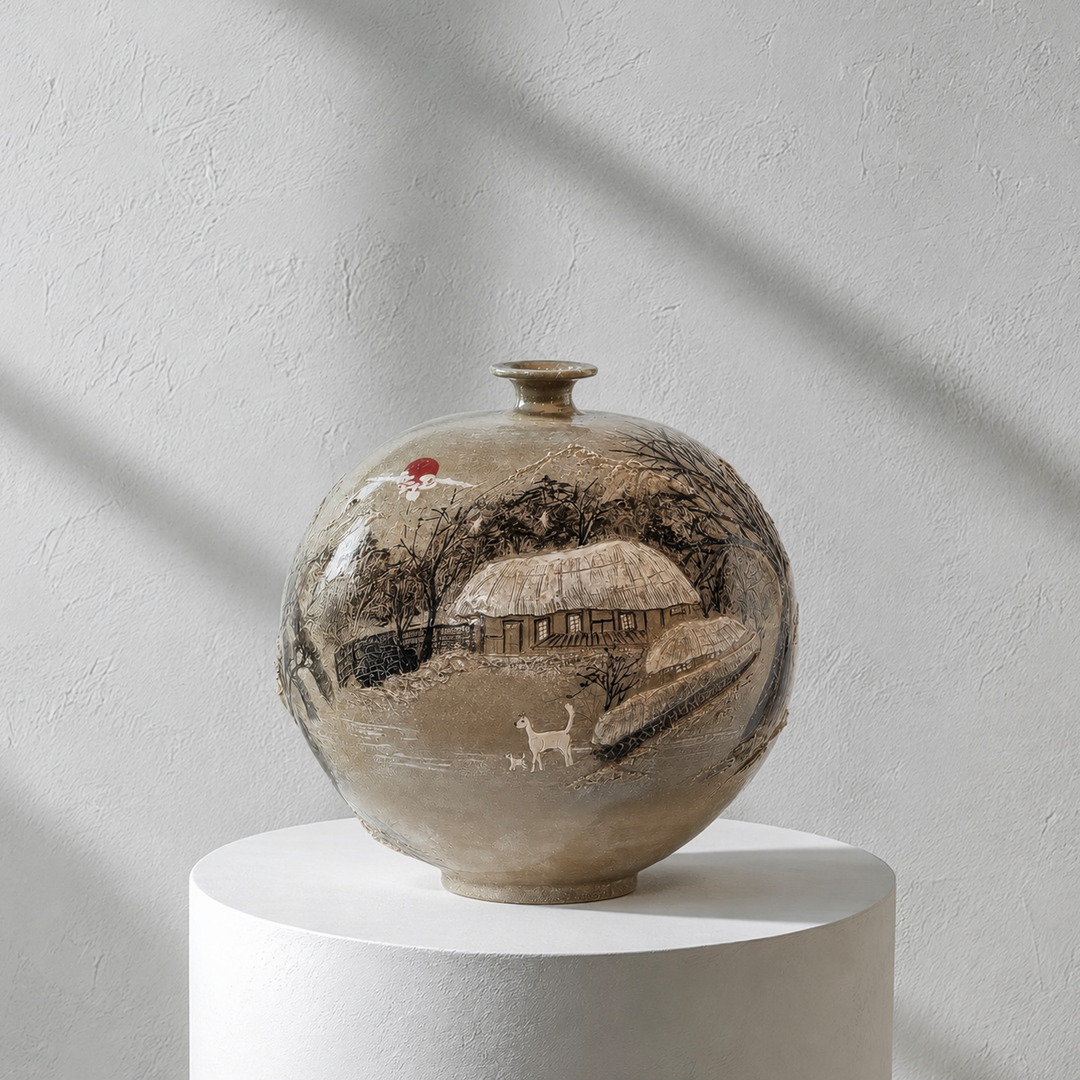 Buncheong Vessel (Ho): Thatched-House Landscape in Applied Relief