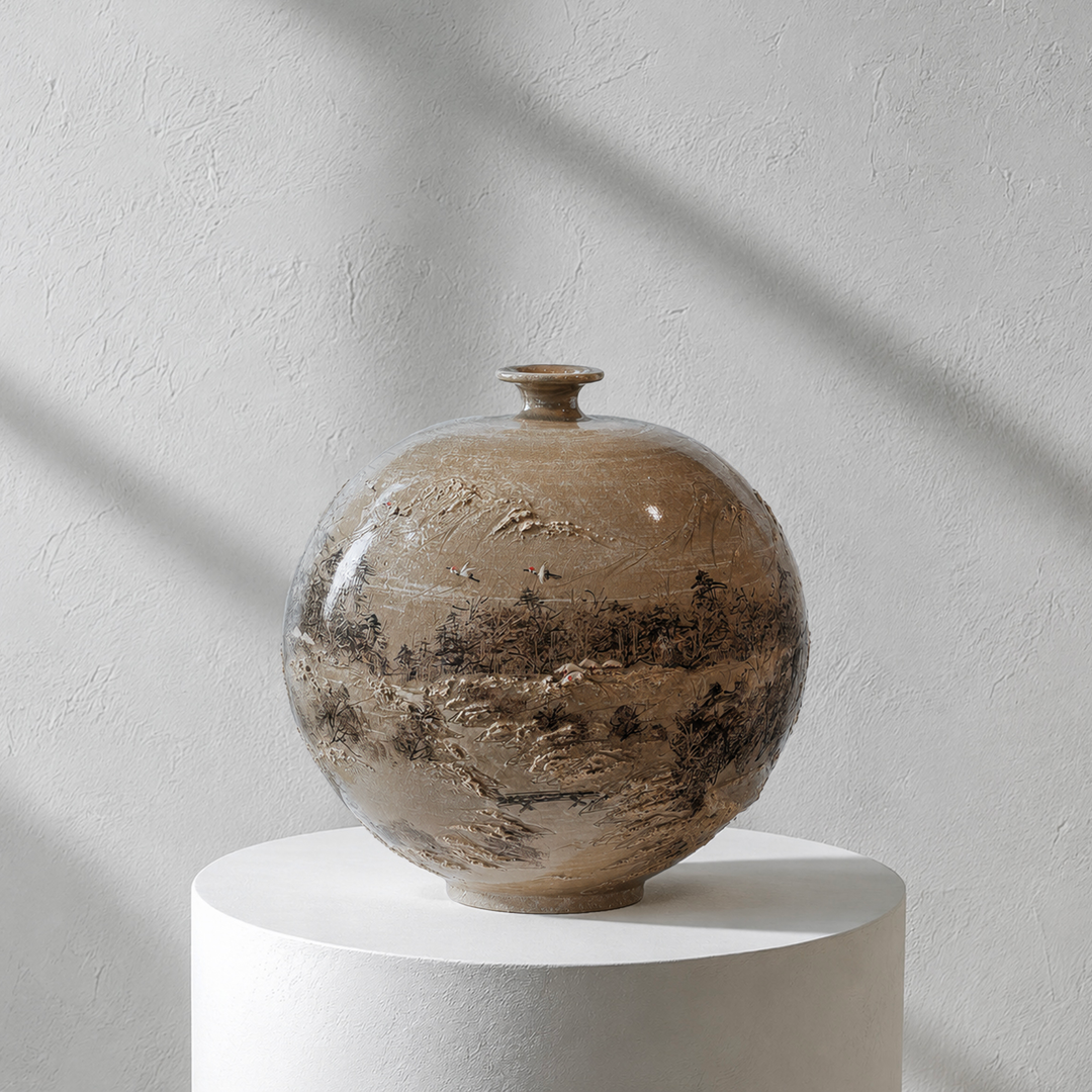 Buncheong Vessel (Ho): Thatched-House Landscape in Applied Relief