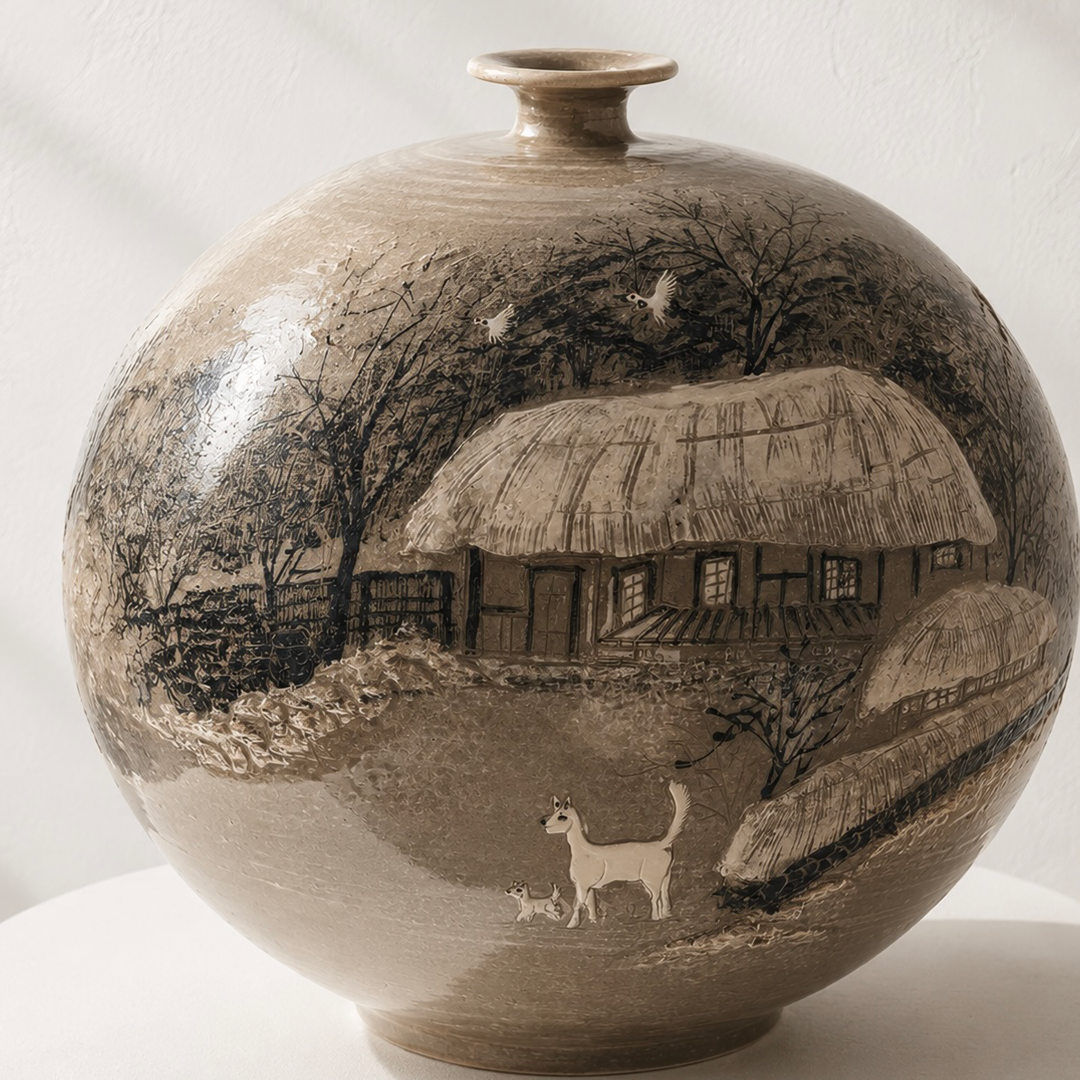 Buncheong Vessel: Thatched-House Landscape in Applied Relief, 2023