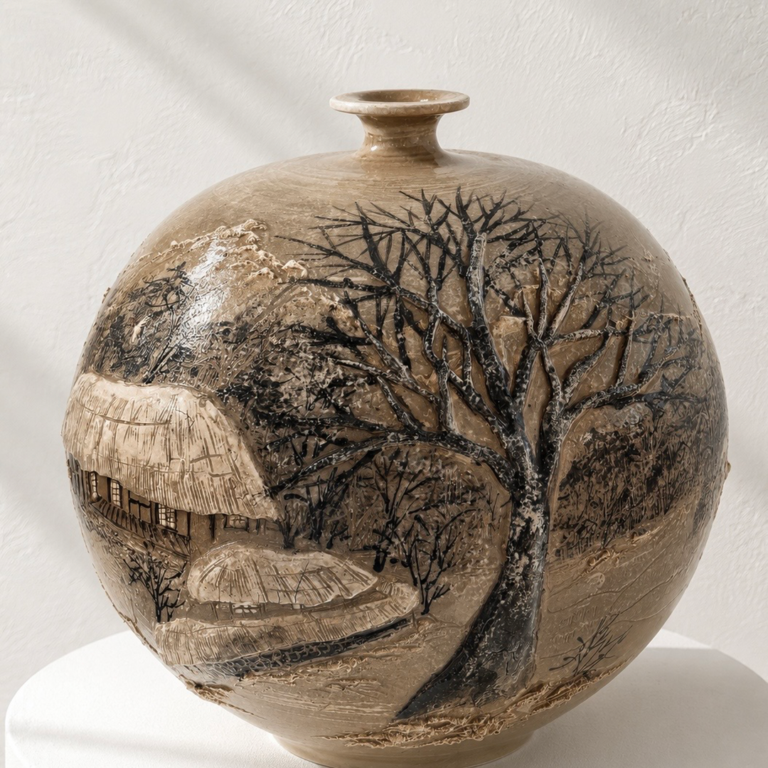 Buncheong Vessel: Thatched-House Landscape in Applied Relief, 2023