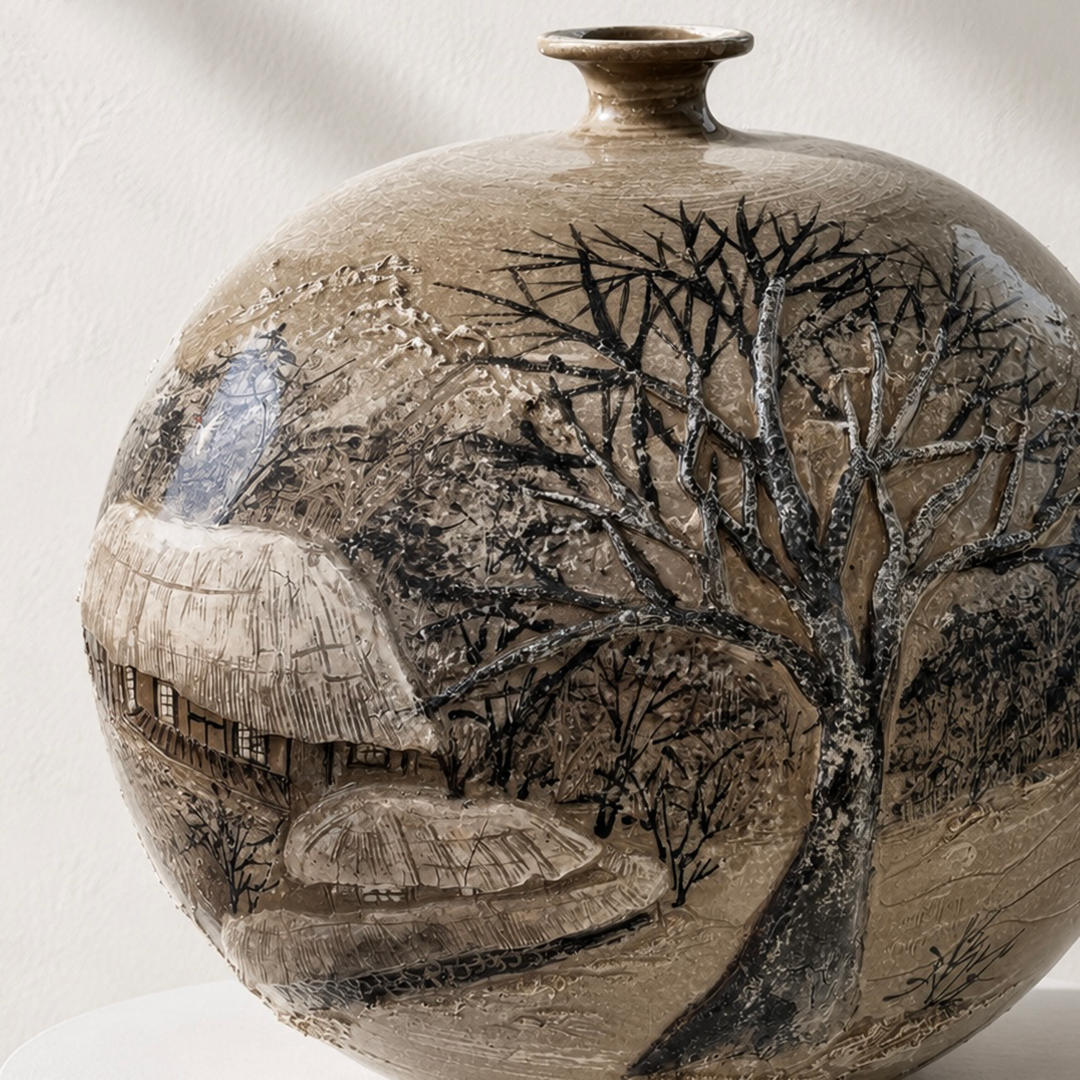 Buncheong Vessel: Thatched-House Landscape in Applied Relief, 2023