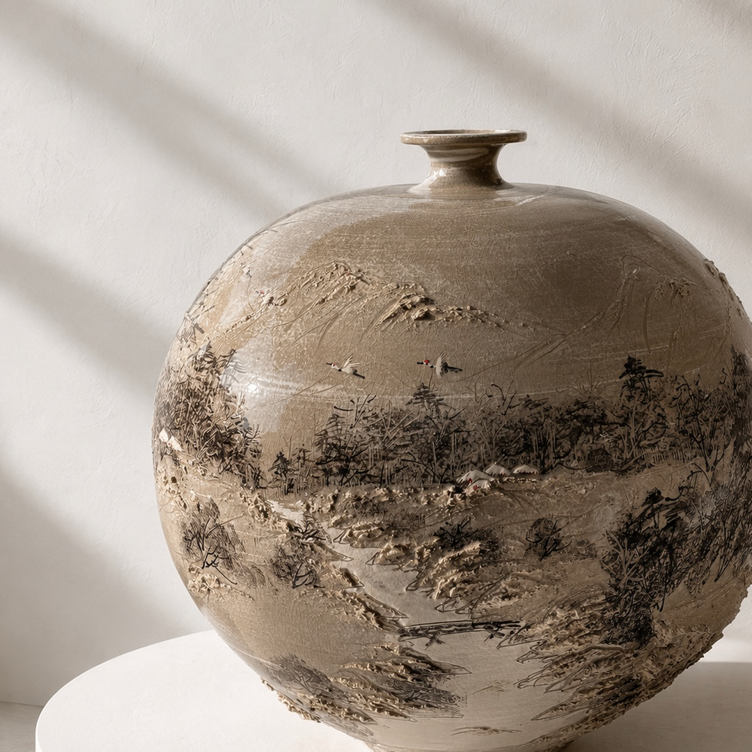 Buncheong Vessel: Thatched-House Landscape in Applied Relief, 2023