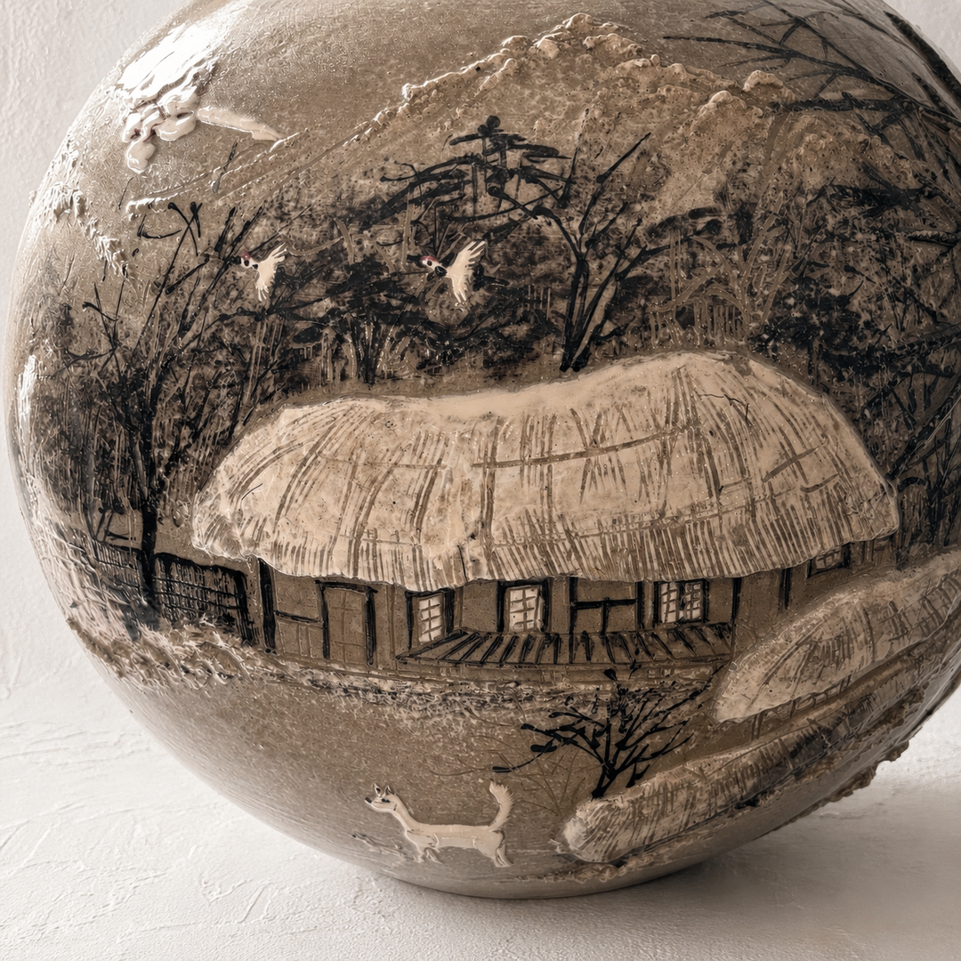 Buncheong Vessel: Thatched-House Landscape in Applied Relief, 2023