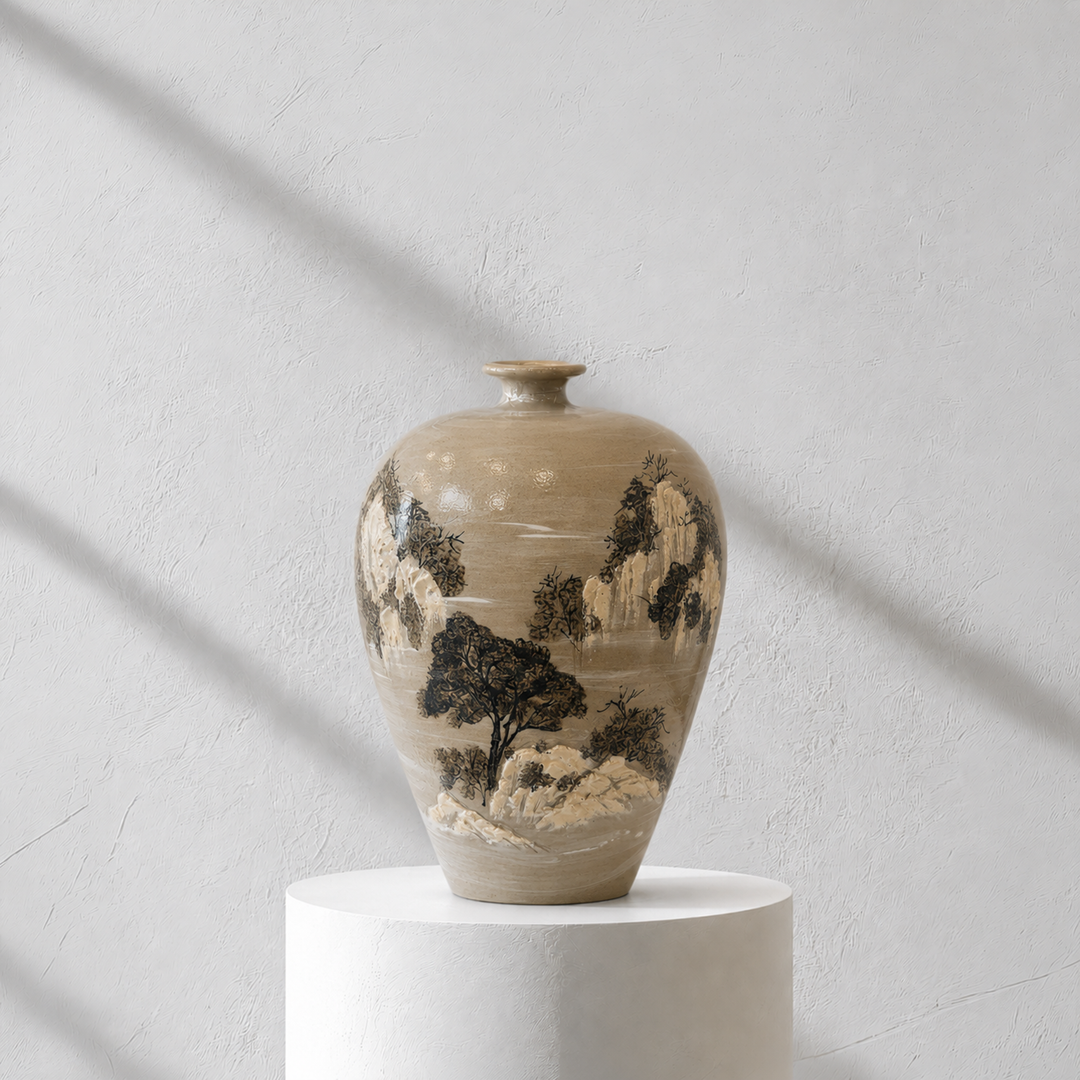 Buncheong Vessel: Tiger and Landscape Motif in Applied Relief, 2025