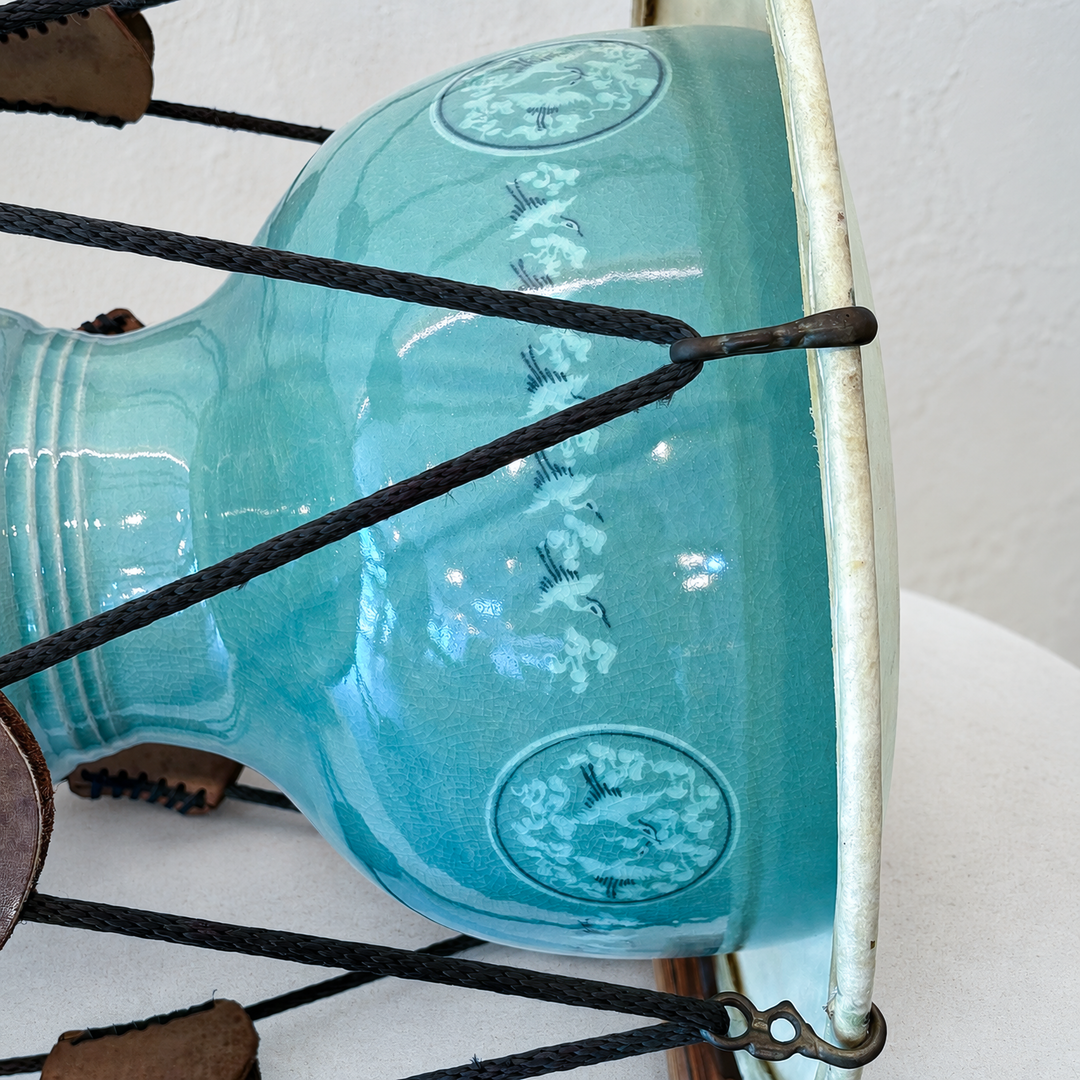 Celadon Janggu (Hourglass Drum): Inlaid Cloud-and-Crane Motif