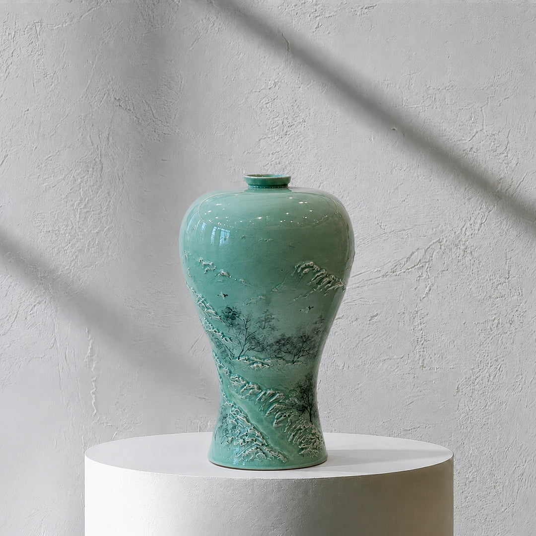 Celadon Maebyeong Vase: Applied Relief Pine-and-Crane Motif, 2024