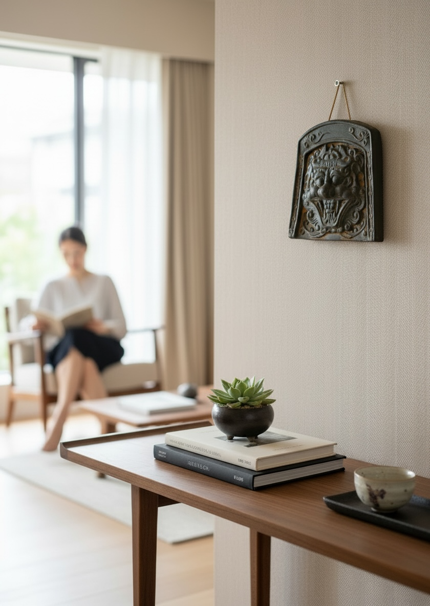 Living room with a person reading, a decorative wall piece, and a table with books and a plant.