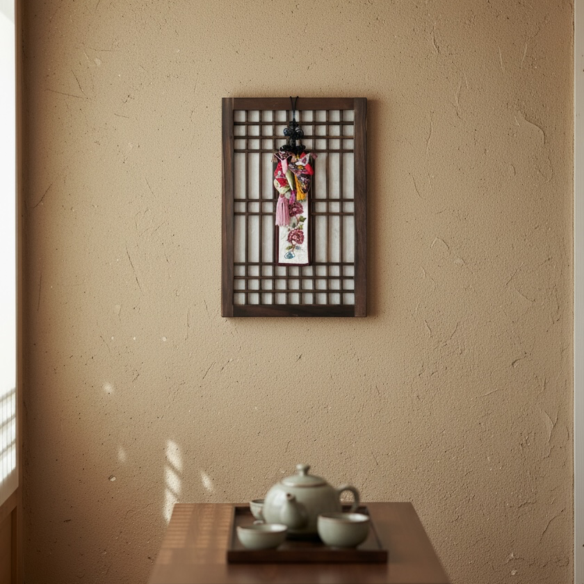 Tea set on a wooden table with a decorative wall panel in a room with a textured beige wall.