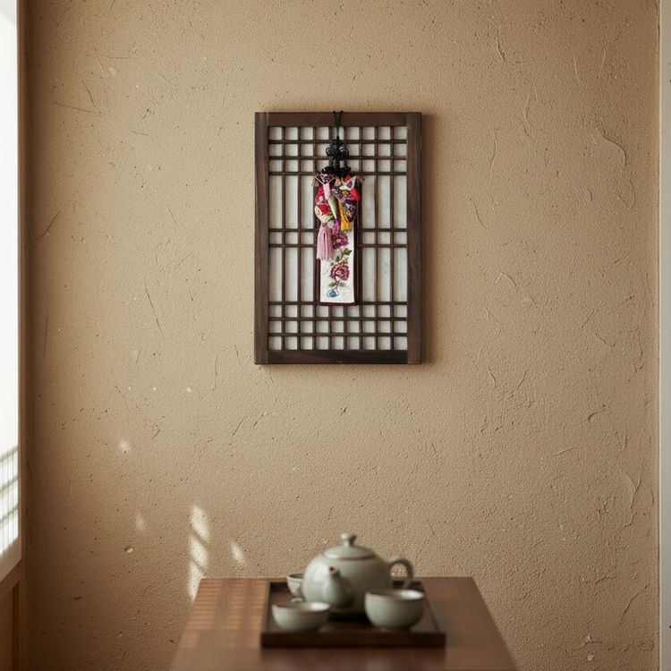 Tea set on a wooden table with a decorative wall panel in a room with a textured beige wall.
