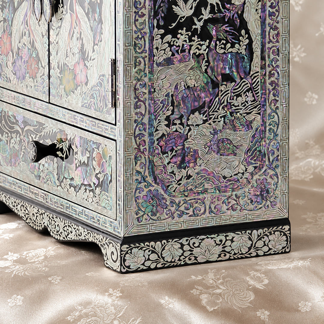 Mother-of-Pearl Double-Doored Jewelry Chest: Grand scale, Ten Symbols of Longevity Motif