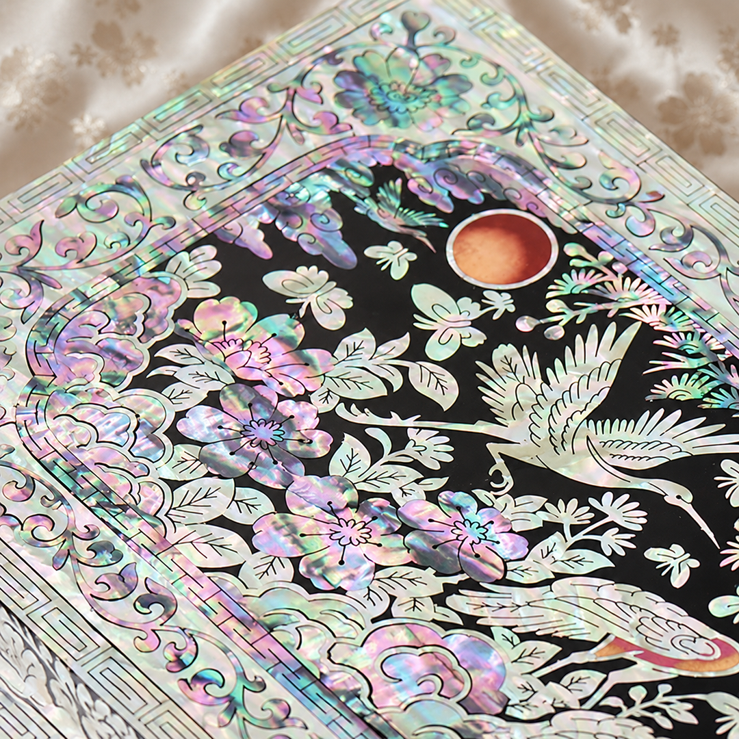 Mother-of-Pearl Double-Doored Jewelry Chest: Grand scale, Ten Symbols of Longevity Motif
