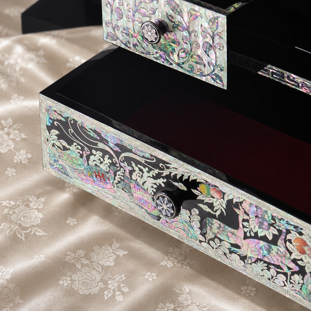 Mother-of-Pearl Double-Doored Jewelry Chest: Grand scale, Ten Symbols of Longevity Motif