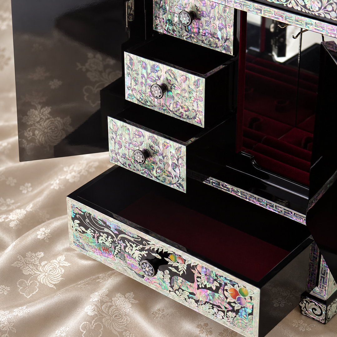 Mother-of-Pearl Double-Doored Jewelry Chest: Grand scale, Ten Symbols of Longevity Motif