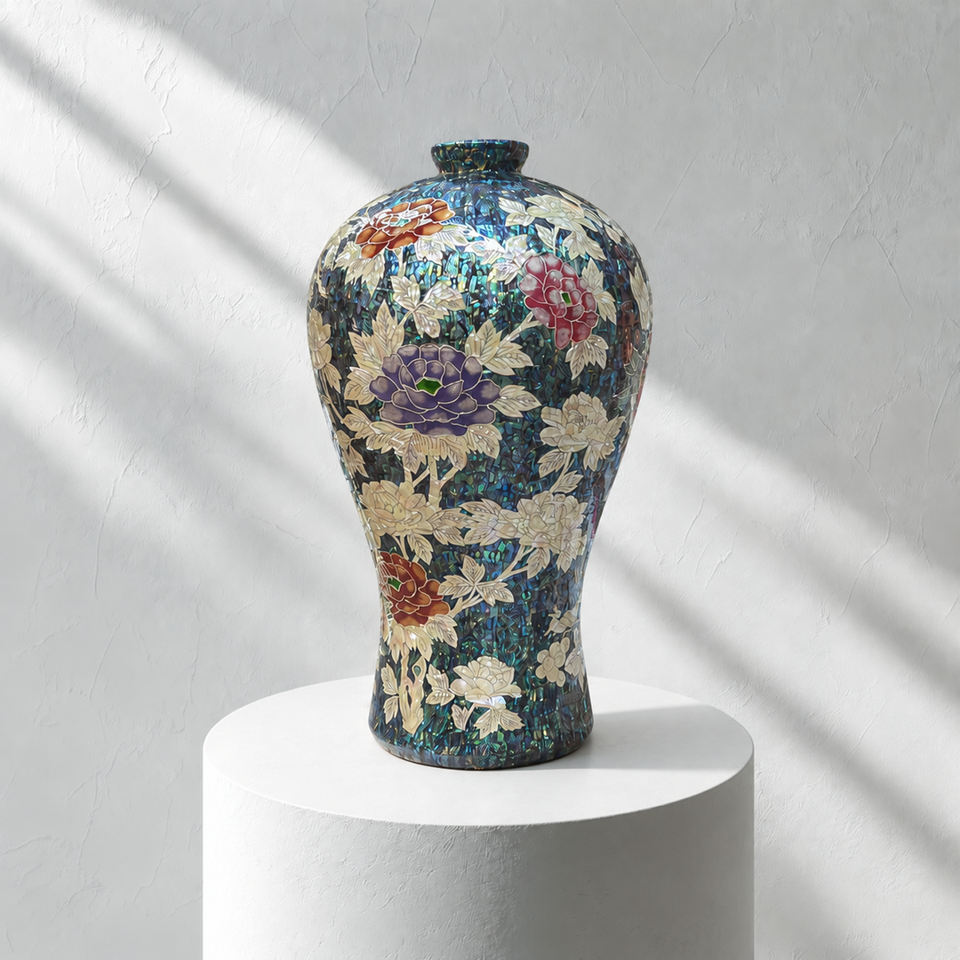 Mother-of-Pearl Maebyeong Vase: Grape and Peony Motifs in Fragmented Abalone Ground