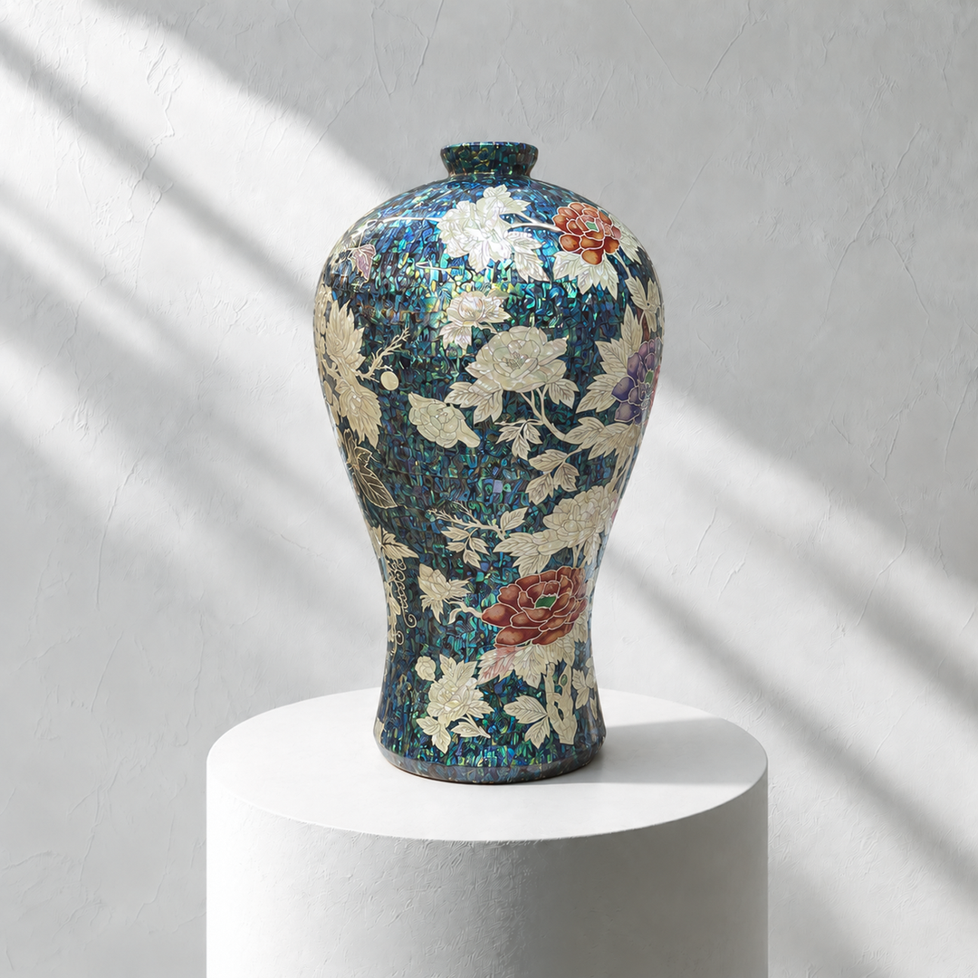 Mother-of-Pearl Maebyeong Vase: Grape and Peony Motifs in Fragmented Abalone Ground