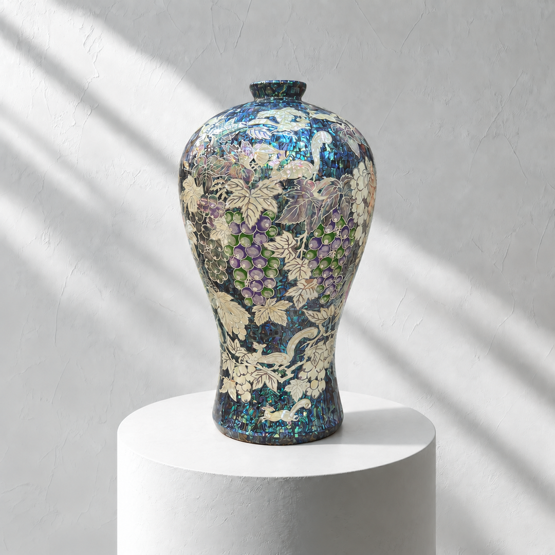 Mother-of-Pearl Maebyeong Vase: Grape and Peony Motifs in Fragmented Abalone Ground
