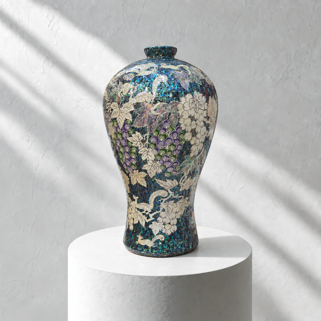 Mother-of-Pearl Maebyeong Vase: Grape and Peony Motifs in Fragmented Abalone Ground