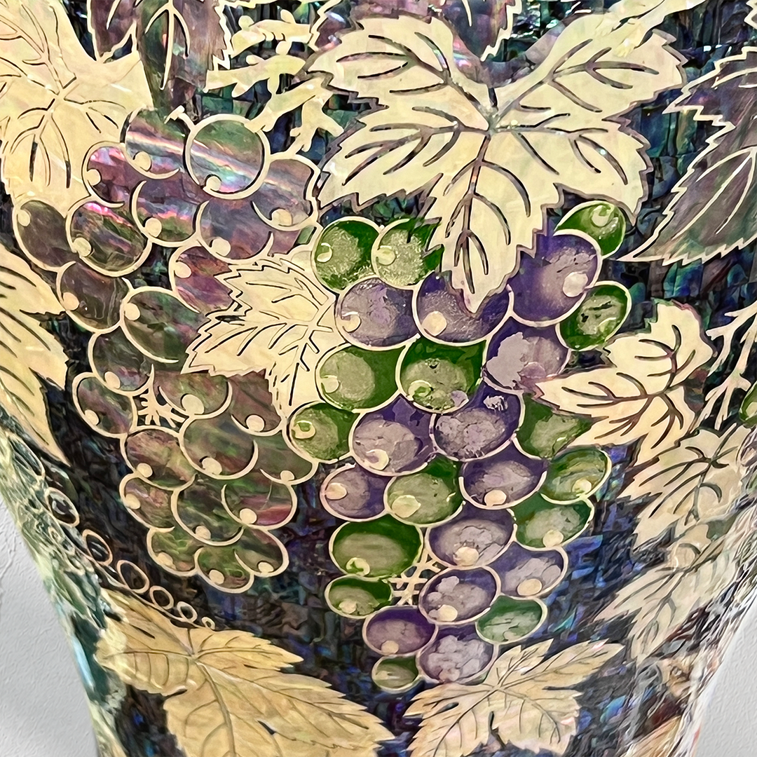 Mother-of-Pearl Maebyeong Vase: Grape and Peony Motifs in Fragmented Abalone Ground