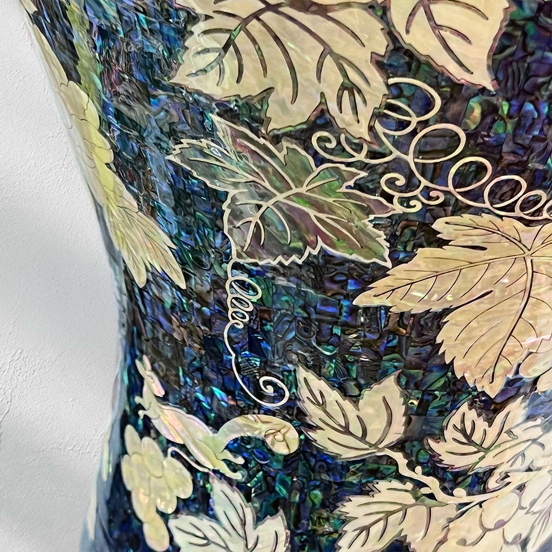 Mother-of-Pearl Maebyeong Vase: Grape and Peony Motifs in Fragmented Abalone Ground