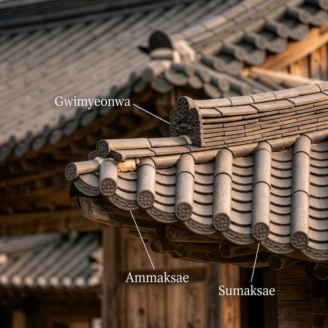 Traditional Korean architectural roof with labeled components