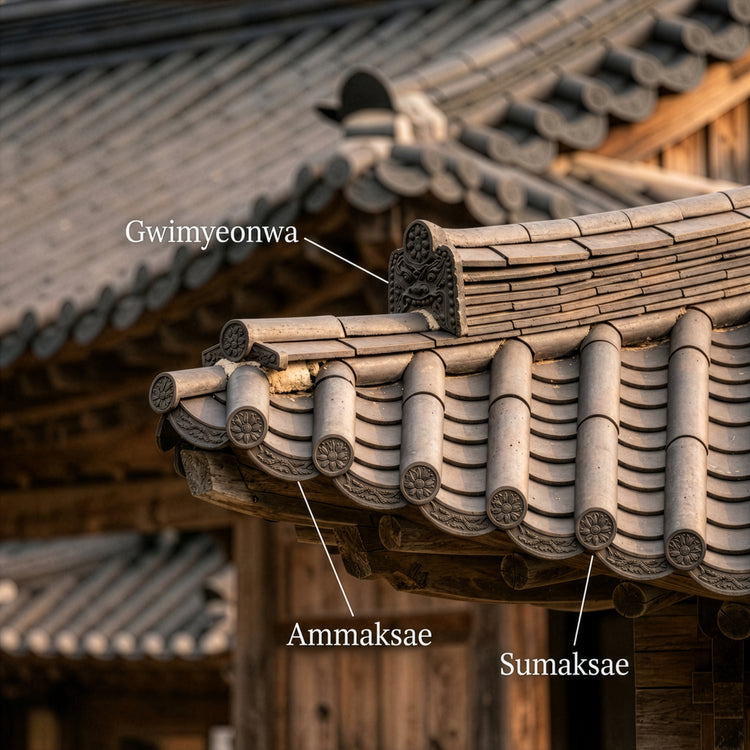 Traditional Korean architectural roof with labeled components