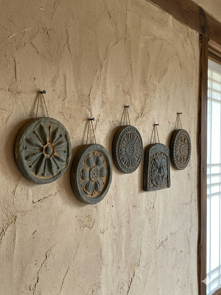 Decorative wall hangings with floral and geometric patterns on a textured wall.