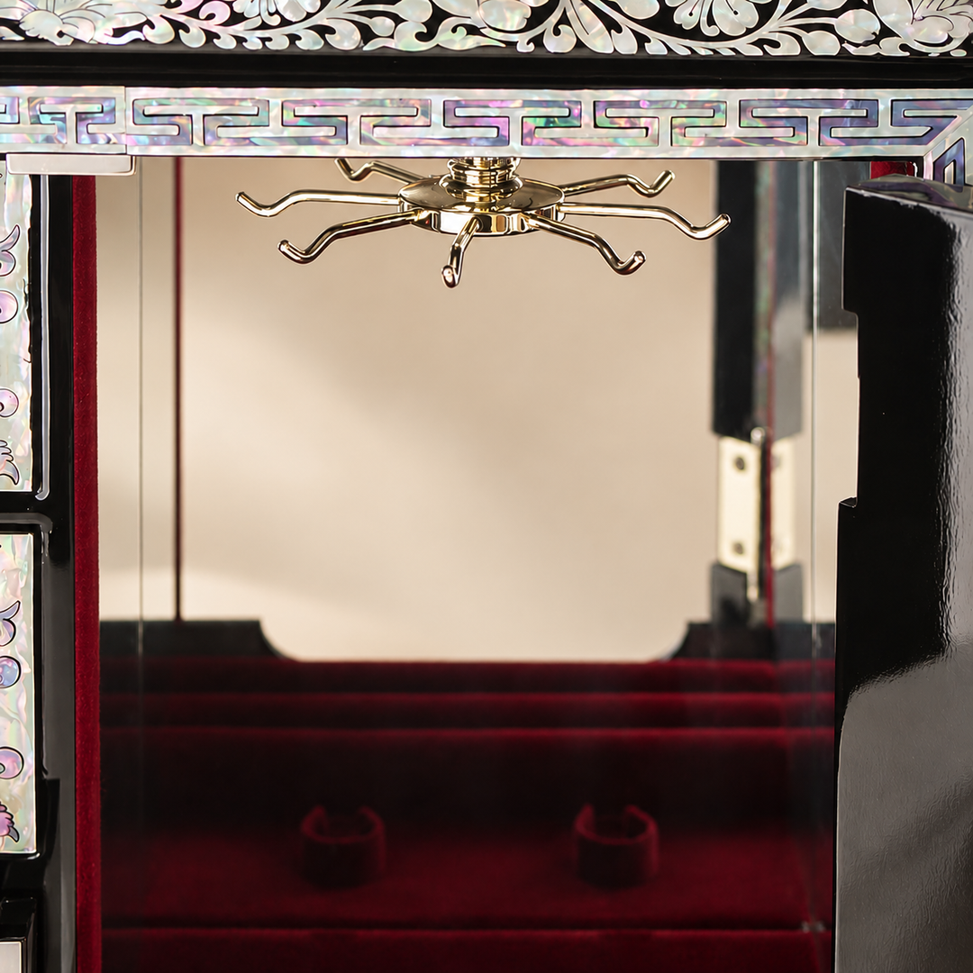 Mother-of-Pearl Double-Doored Jewelry Chest: Grand scale, Ten Symbols of Longevity Motif