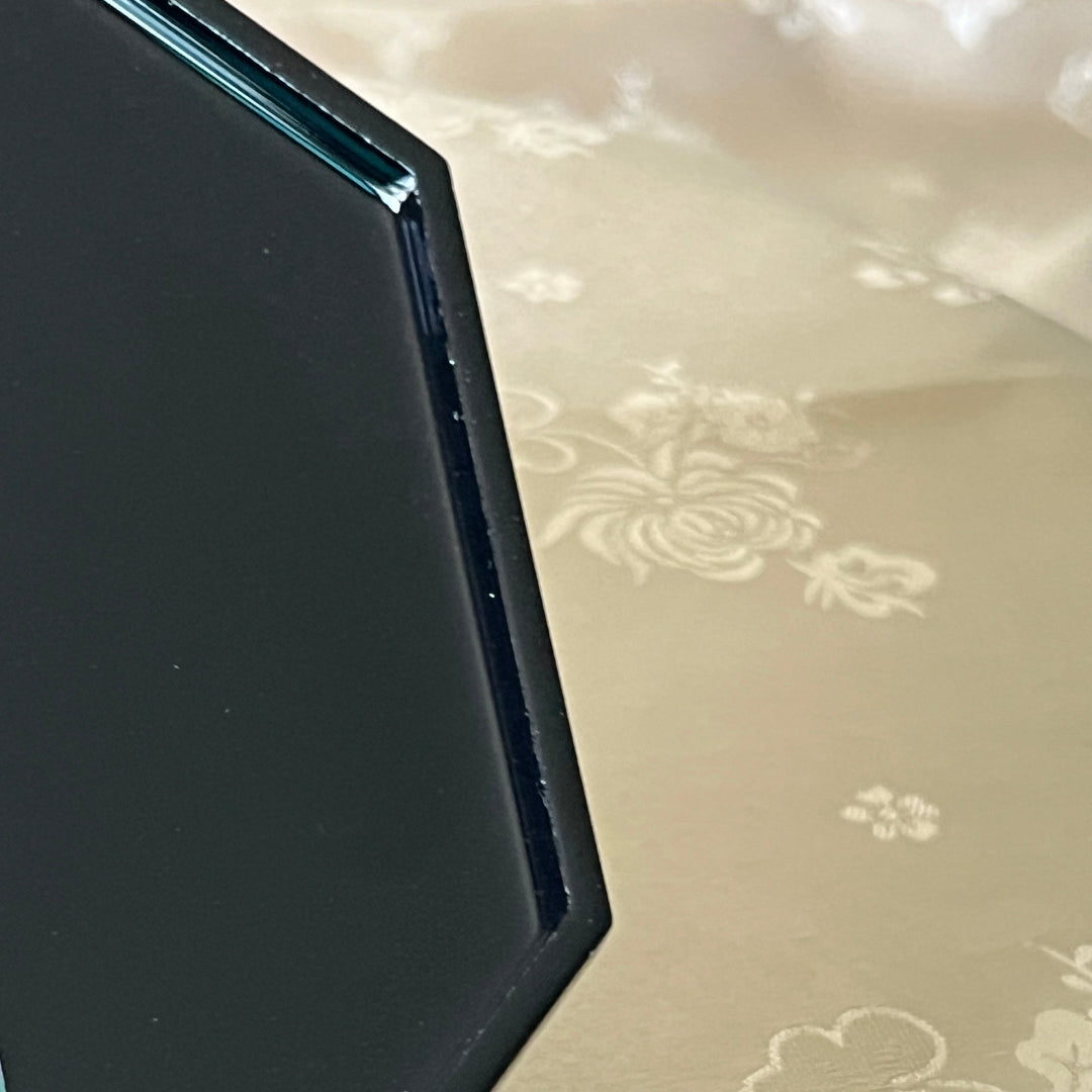 Iridescent mother of pearl vase and cup inlay on Korean black lacquer octagonal tray, detail view