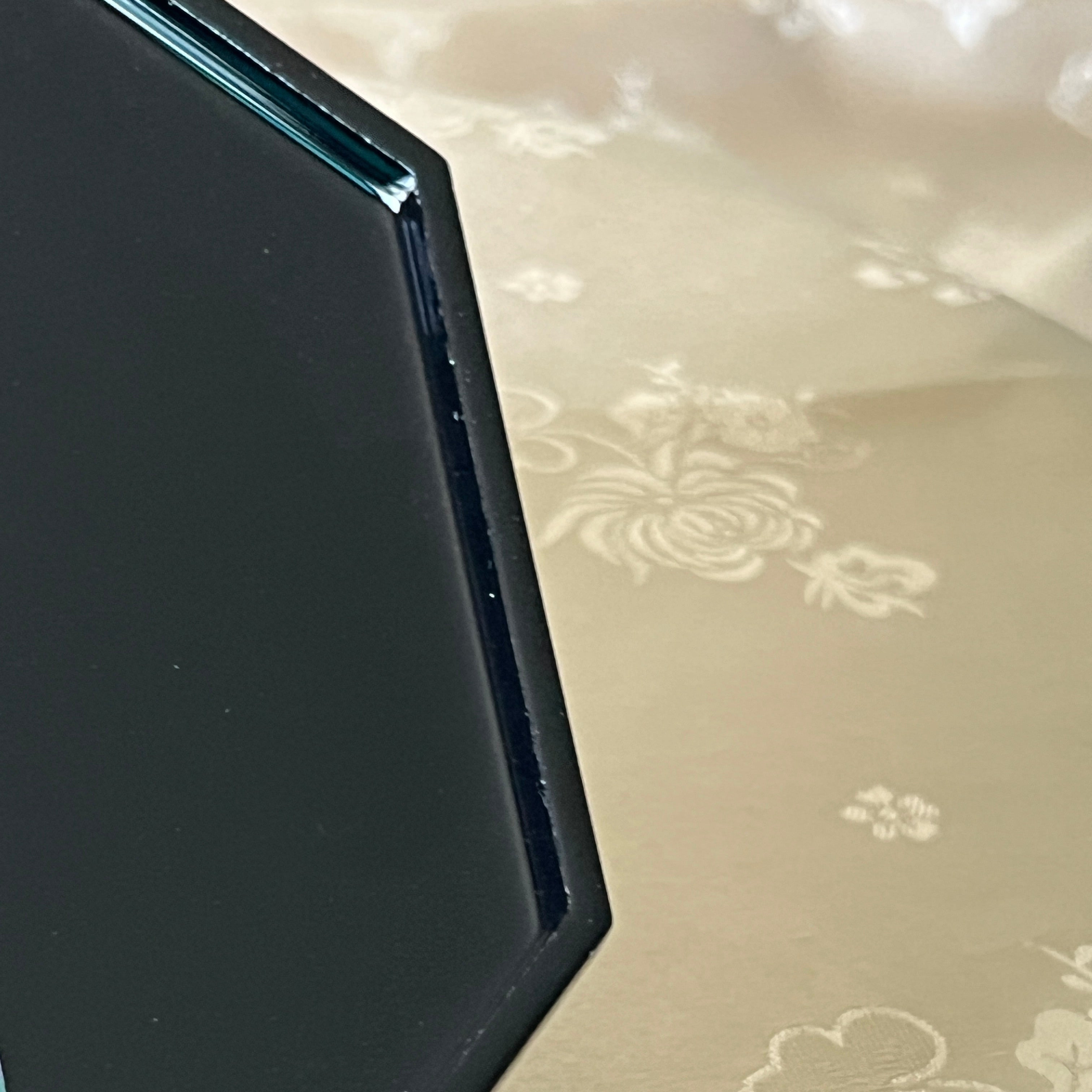 Iridescent mother of pearl vase and cup inlay on Korean black lacquer octagonal tray, detail view