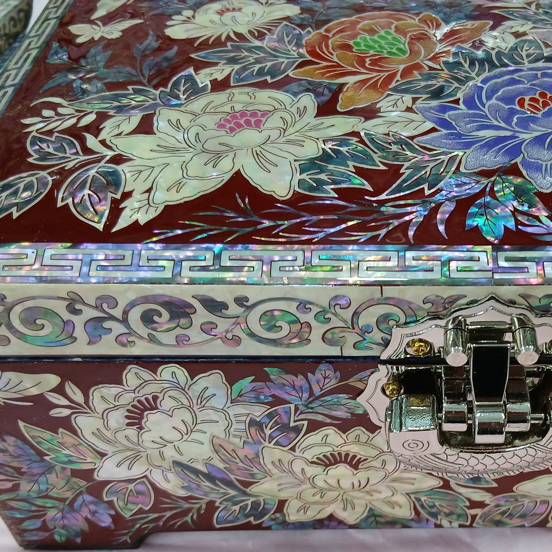 Decorative Korean jewelry box with floral patterns and a metallic clasp.