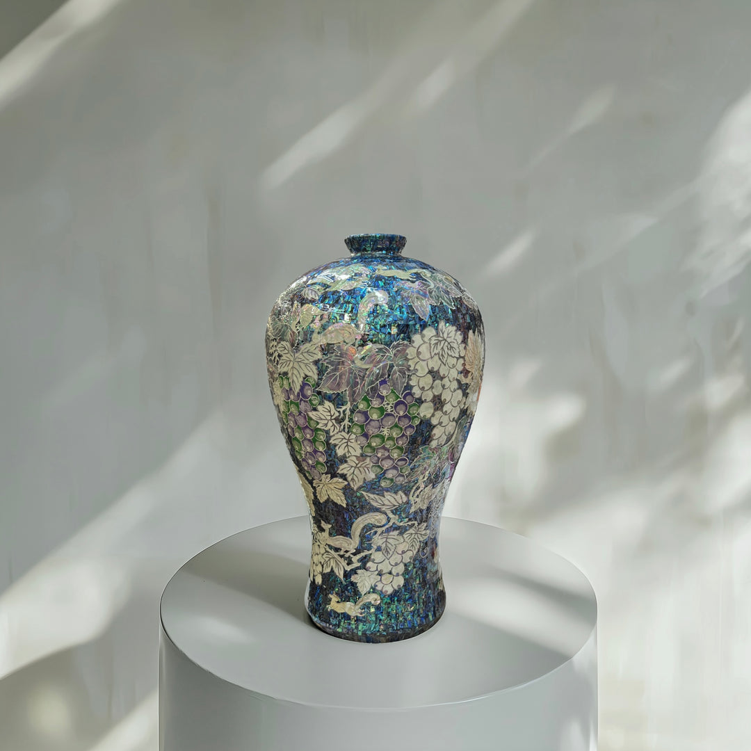 Mother-of-Pearl Maebyeong Vase: Grand-Scale, Grape and Peony Motifs