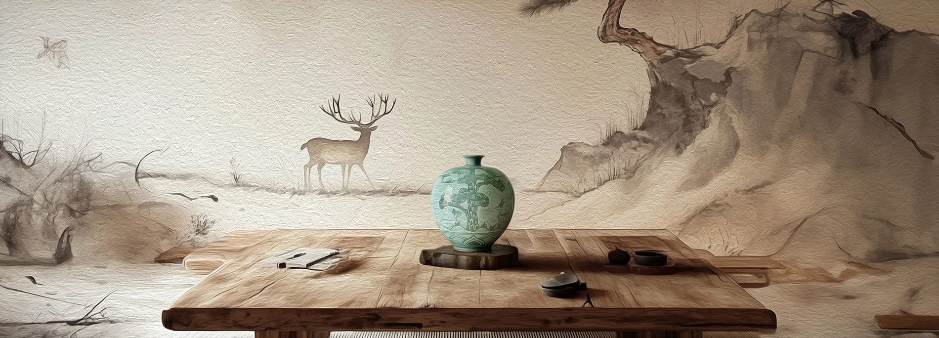 Decorative setting with a wooden table, vase, and deer illustration on a textured wall.