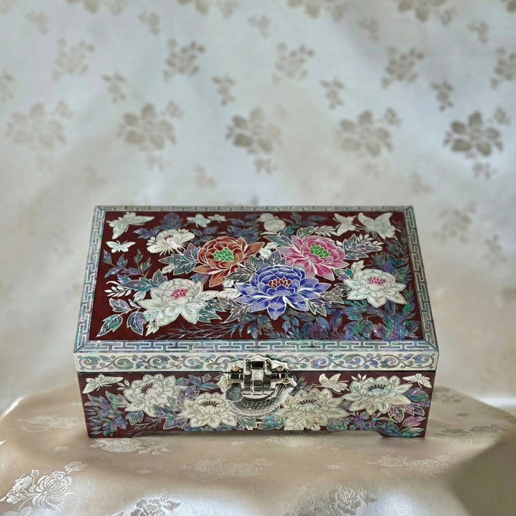 korean jewelry box with floral patterns on a floral-patterned surface