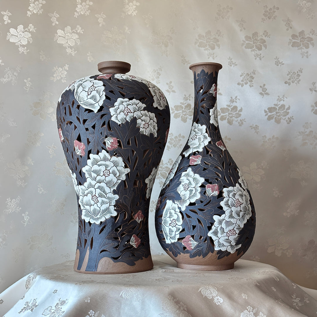 Buncheong Openwork Vase Set: Grand-Scale, Peony Motif with Three-Color Slip, Unglazed Finish