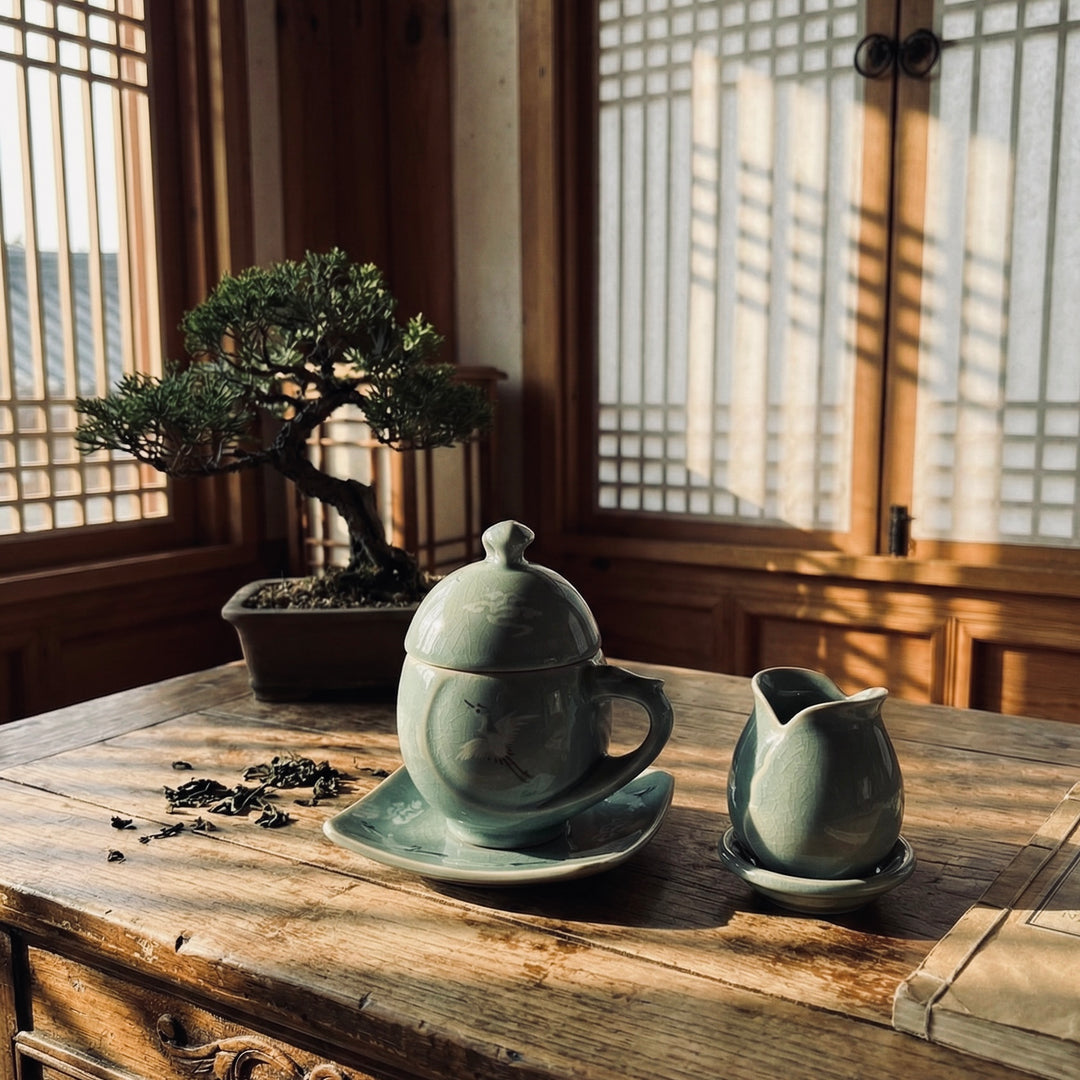 Tea set on a wooden table with a bonsai tree in the background