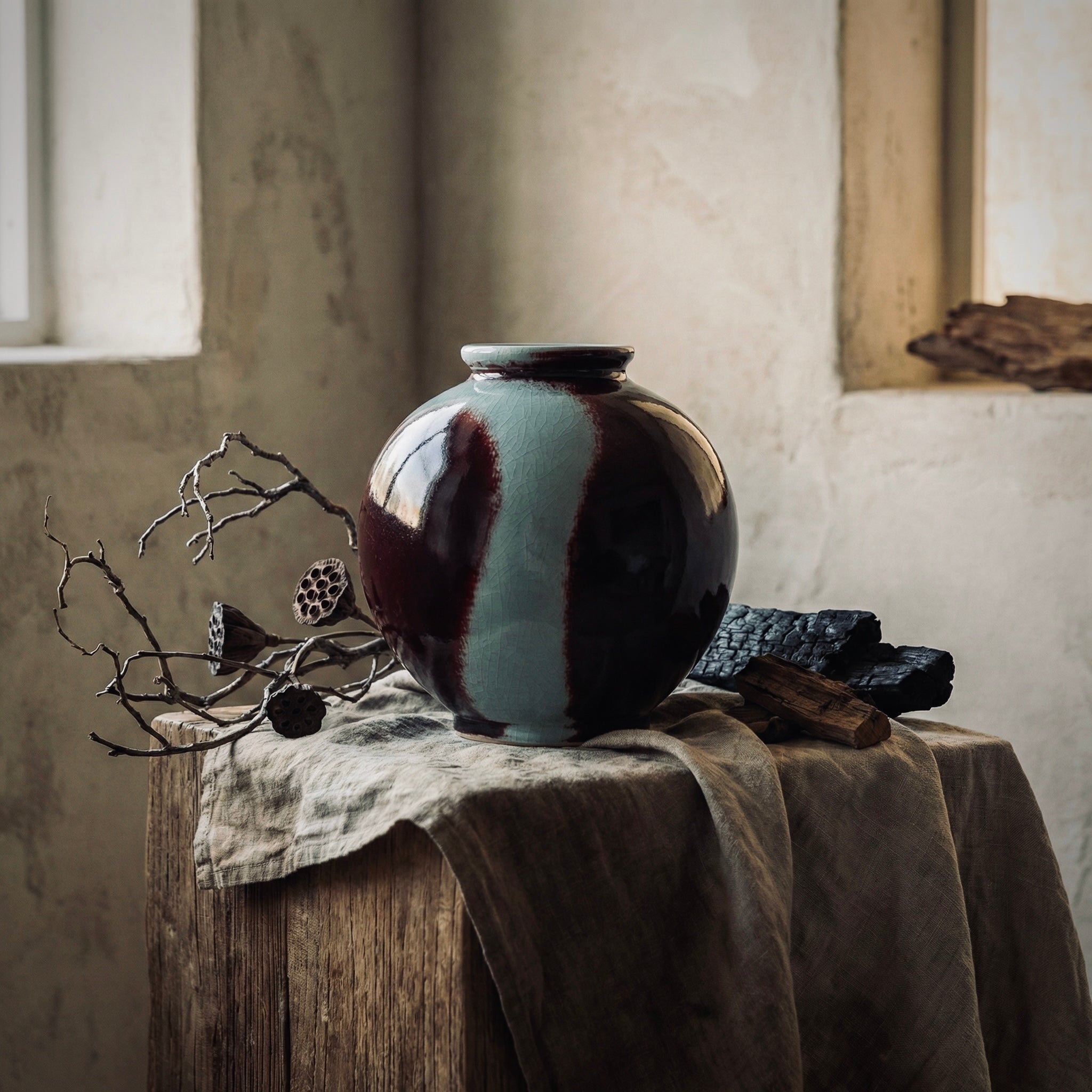 korean traditional celadon Vase with marbled design on a rustic wooden table with branches and stones.