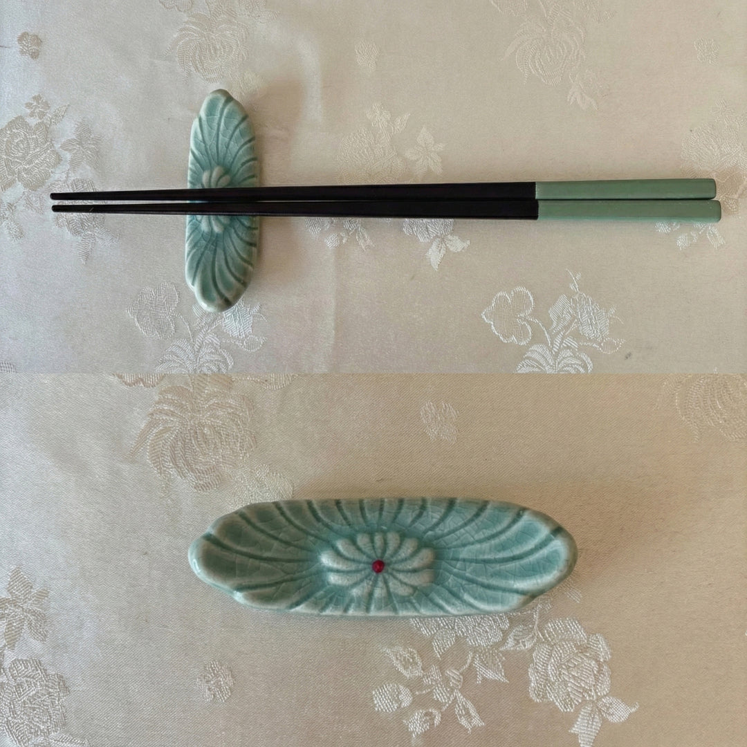 Handmade Korean Celadon Chopstick and Spoon Rest Set with Traditional flower Motif