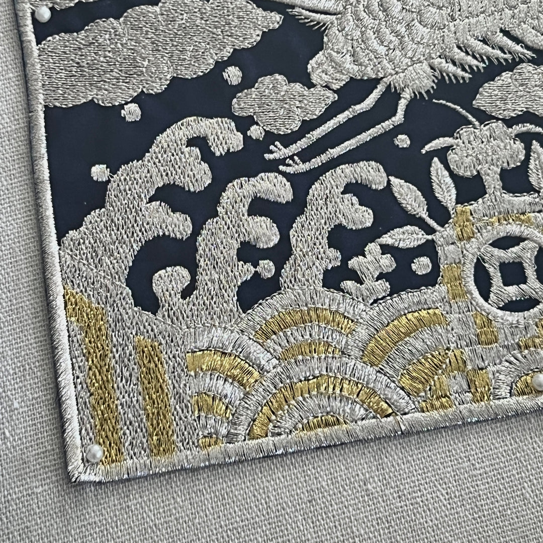 Close-up of embroidered fabric with floral patterns on a gray background