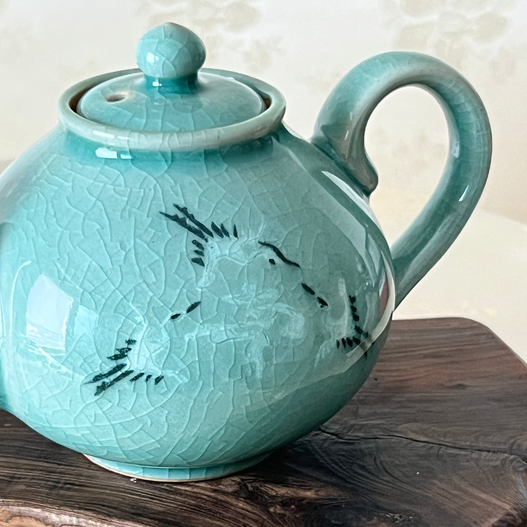 cranes on korean celadon teapot