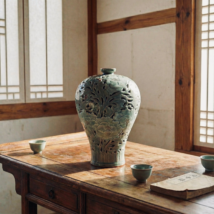Decorative ceramic vase on a wooden table with a traditional setting