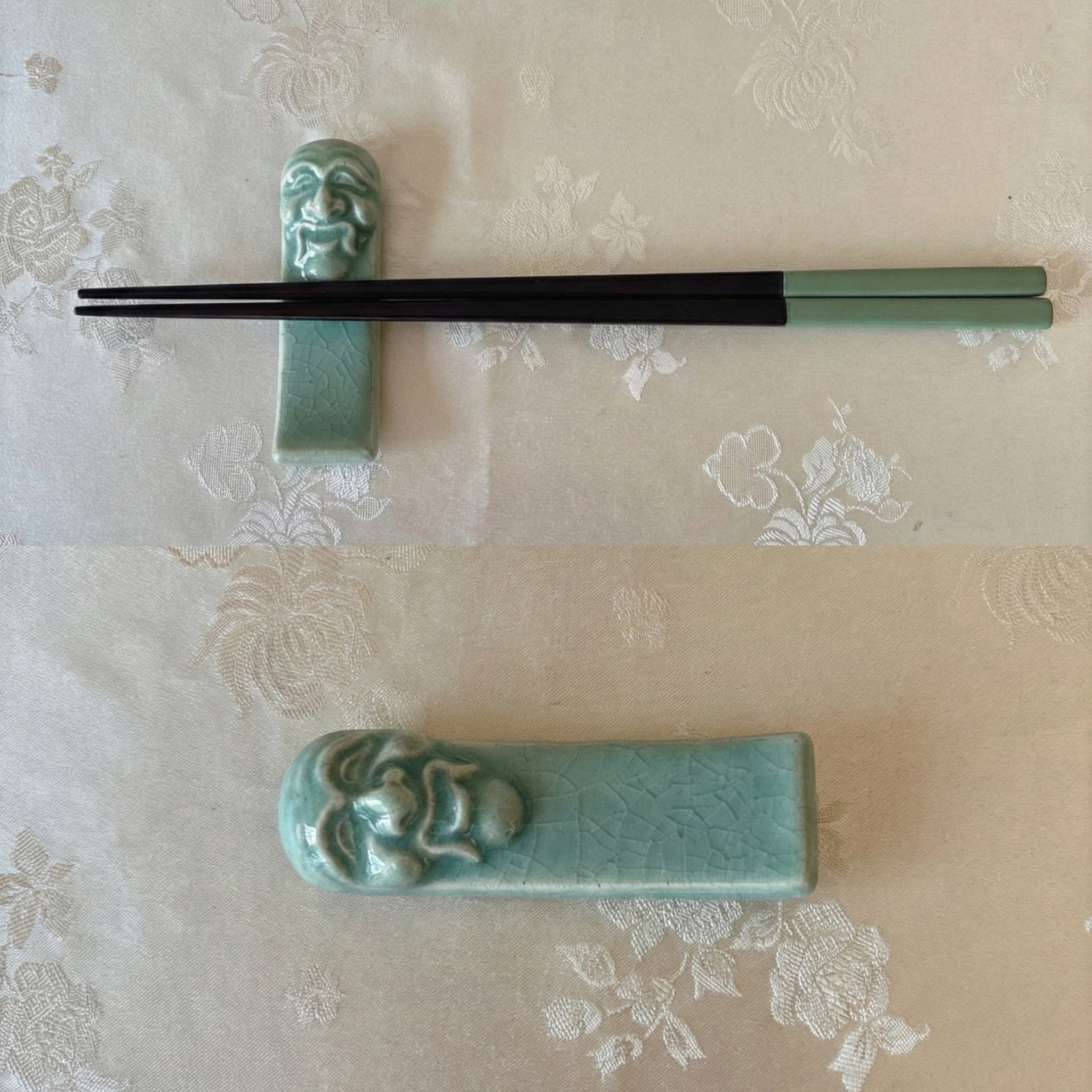 Traditional Korean Hahoe Mask Design Celadon Chopstick Rest - Yangban and Bune